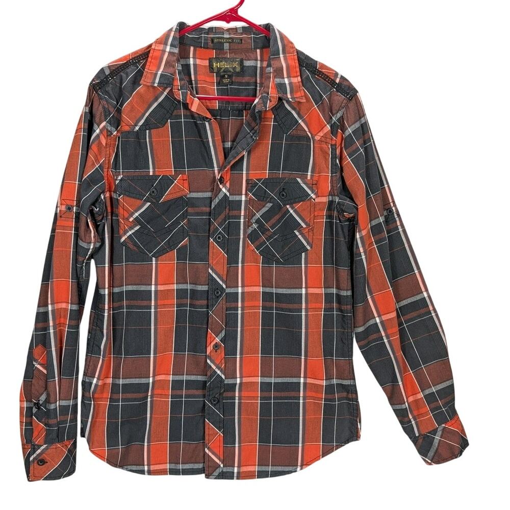 Helix Shirt Mens Small Orange Black Plaid Button Up Lace Athletic Fit Roll Tab